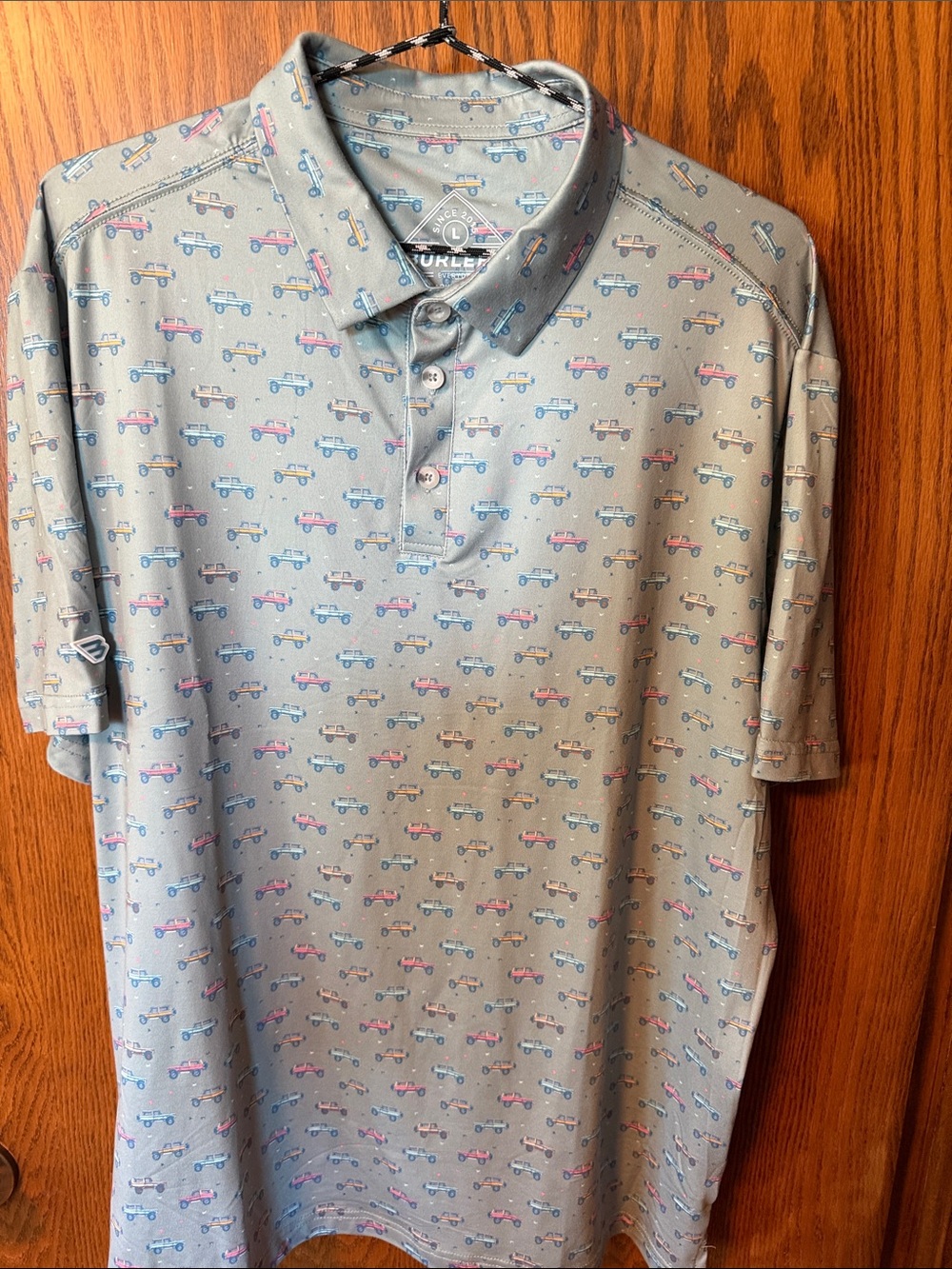 BURLEBO Light Gray Polo with Small Multi-Color Car Print